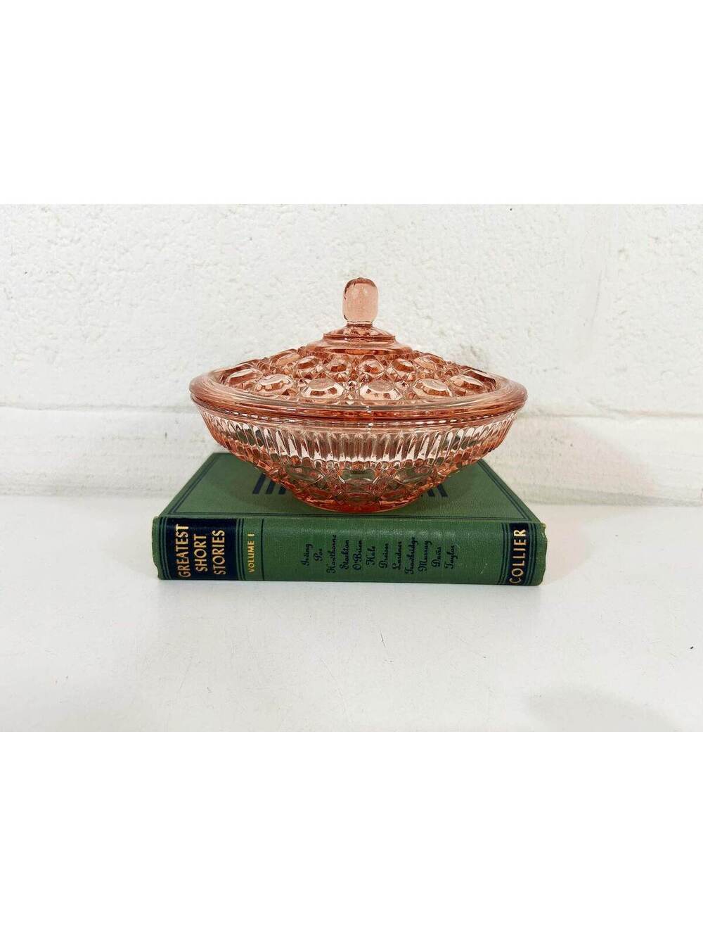 Vintage Pink Glass Covered Candy Dish Trinket 1950s Peach Ballard Depression